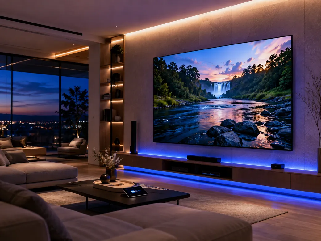 Televisor de gran formato con IPTV 2026 en un salón moderno