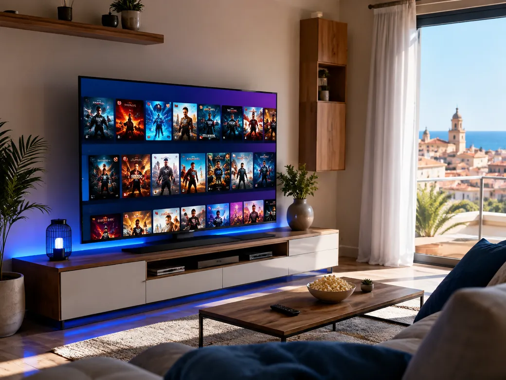 Lista IPTV España en el televisor de un salón moderno en España